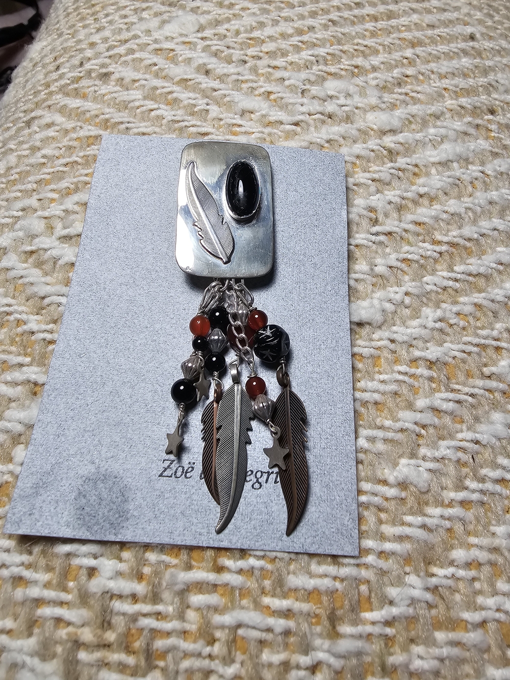 Feather Dangle Brooch with Black Cabochon and Red Accents